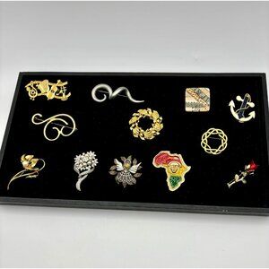 60s-90s Brooches 12 Pc Mix Rhinestone Goldtone Enamel Lucite Pearl Pewter